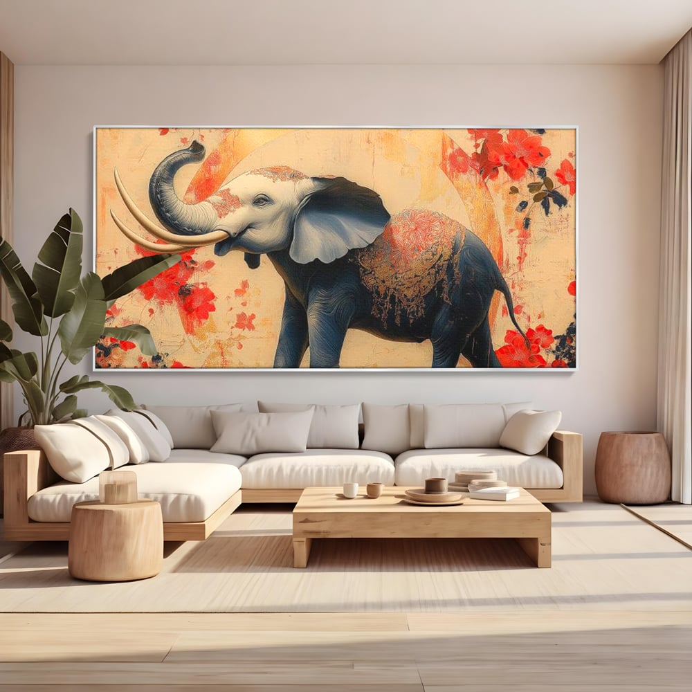 Tablou canvas cu tablou canvas cu elefant albastru, in rama de aluminiu argintiu, pe perete intr-un living